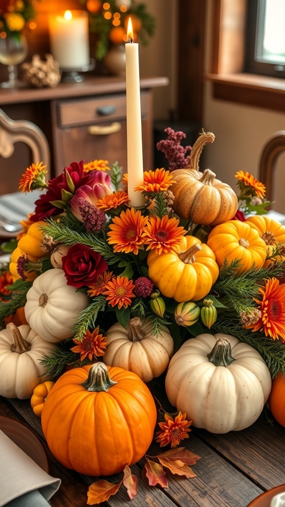 Autumn pumpkin centerpiece with flowers and greenery on a rustic table.